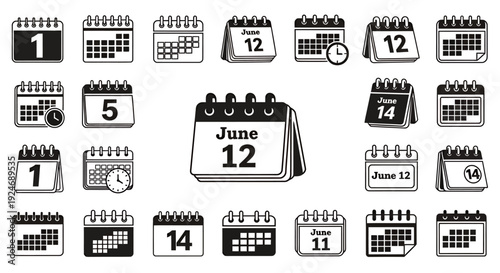 Collection of calendar icons and date planners for scheduling and planning visuals.