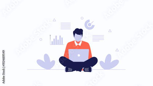 Man with Laptop Working Remotely, Data Analysis, Modern Flat Illustration