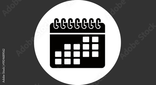 Monochrome calendar icon with grid blocks on dark background for scheduling and planning concepts.