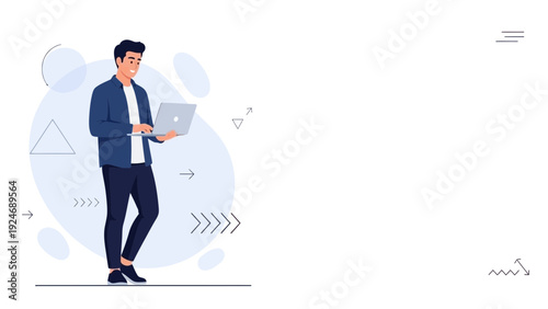 Man with Laptop, Abstract Background, Modern Flat Design, Technology Concept