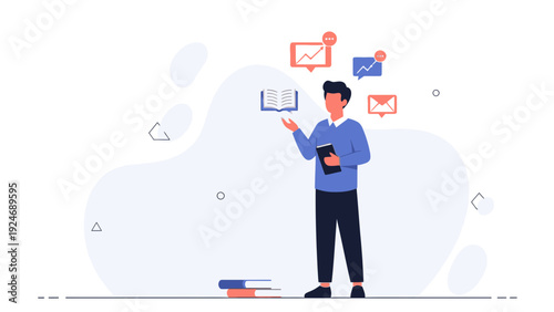 Man with open book and digital icons, concept of learning and communication