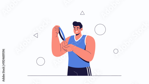 Man with medal, celebrating victory, sports achievement, flat design illustration