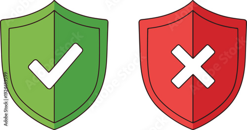 Shields of Choice: Two illustrated shields, one symbolizing approval with a check mark and the other rejection with a cross, represent binary choices and decisions.