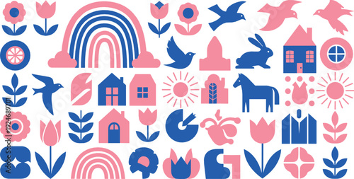Scandinavian Folk Art Elements Collection with Nordic Flowers, Birds, Rainbow, Horse and Houses in Pink and Blue Flat Vector Style