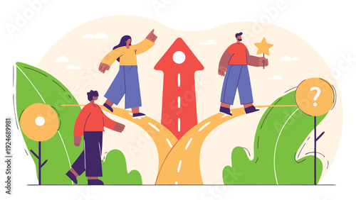 Three people walk on diverging yellow paths that flank a central red arrow road in a landscape with circular icon signs.