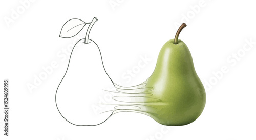 Creative Process: Half Drawn, Half Realistic Green Pear on White Background