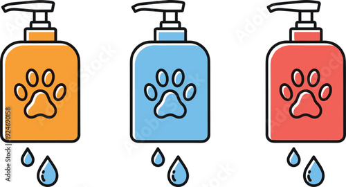 Pet shampoo dispenser bottle icon set with paw print animal grooming hygiene product flat vector illustration isolated design