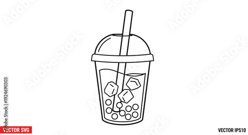 Bubble Tea Icon: Minimalist Line Art of a Refreshing Drink with Ice and Tapioca Pearls