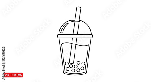 Bubble Tea Icon Outline Vector Illustration - Refreshing Drink with Straw and Boba Pearls