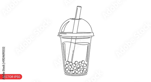 Bubble Tea Line Art Icon: Minimalist Vector Drawing of a Refreshing Drink with Tapioca Pearls