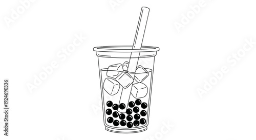 Bubble Tea Line Art Icon: Refreshing Drink with Tapioca Pearls and Ice Cubes