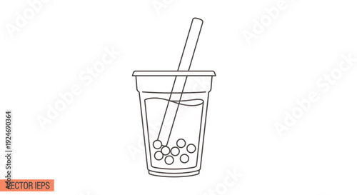 Bubble Tea Outline Icon: Refreshing Drink with Tapioca Pearls and Straw