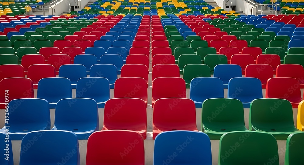 Fototapeta premium Empty stadium seats in rows of red blue and green photos
