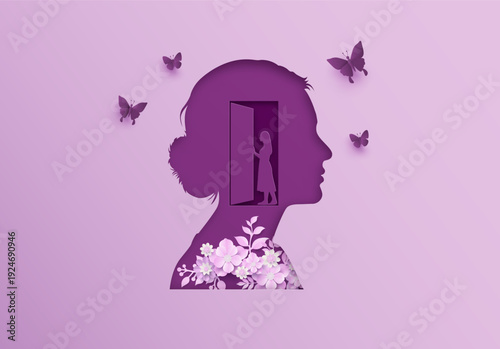 Paper art style vector illustration of a woman profile silhouette with an open door inside her mind and flowers, inner potential concept.