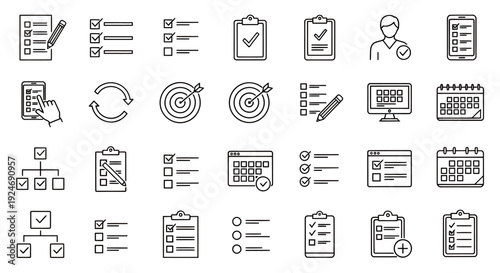 Set of black and white office and business icons designed for UI, presentation and graphic projects.