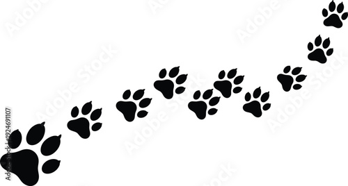 Black dog paw prints trail, animal track silhouettes vector illustration, pet footprint path isolated on white, feline walking route pattern for creative design