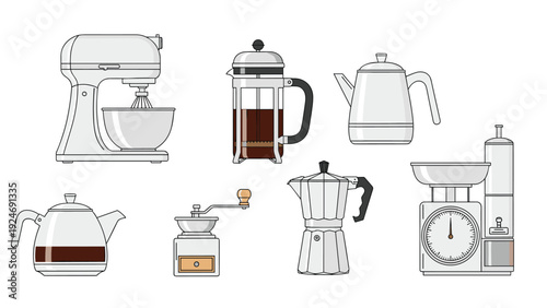 collection of kitchen appliances for coffee and baking including a stand mixer, french press, and espresso maker.