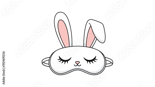 cute rabbit sleeping mask with pink ears and long lashes, isolated on a white background for travel and rest concepts.