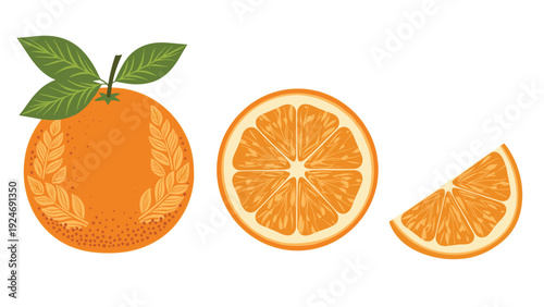 whole orange with leaves and cut slices showcasing juicy texture, perfect for healthy food and citrus themes.