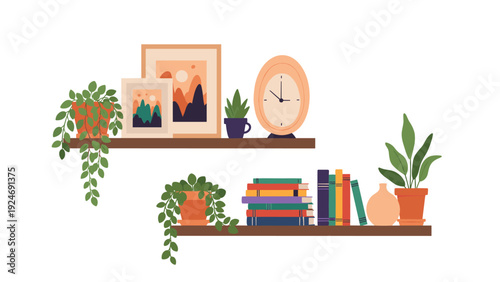 wooden wall shelves decorated with potted plants, books, picture frames, and a clock for home interior inspiration.