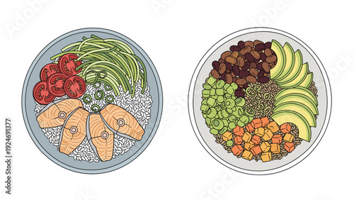 two colorful poke bowls with salmon, beans, avocado, and vegetables, presenting healthy and delicious lunch options.
