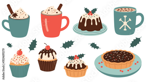 delightful christmas treats collection including hot chocolate, cupcakes, pudding, and pie decorated with holly leaves.