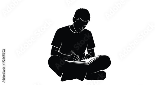 Silhouette illustration of a focused young male student sitting cross-legged while writing notes in an open book with a pen