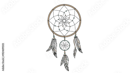 Beautifully illustrated dreamcatcher with a detailed web design hanging feathers and wooden beads on a clean white background for decor.