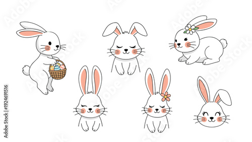 Collection of cute white easter bunnies in different poses including some with baskets of eggs and flowers in a sweet hand drawn style.