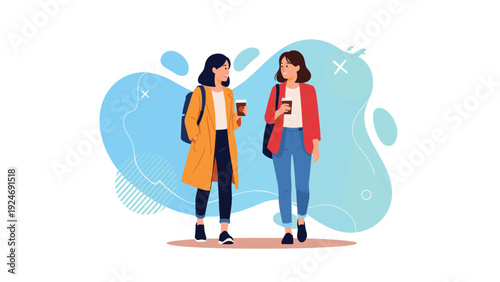 Two young women walking together and talking while holding coffee cups in front of an abstract blue background for lifestyle and friendship.