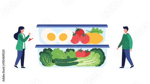 Two people standing next to oversized meal prep containers filled with healthy ingredients like eggs tomatoes lettuce and fresh vegetables.