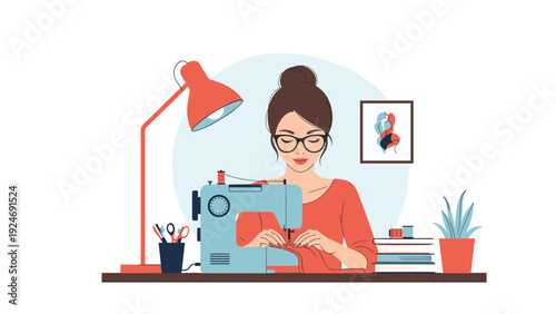 Young woman with glasses and hair bun working on a blue sewing machine at her creative desk with a lamp and indoor plants.