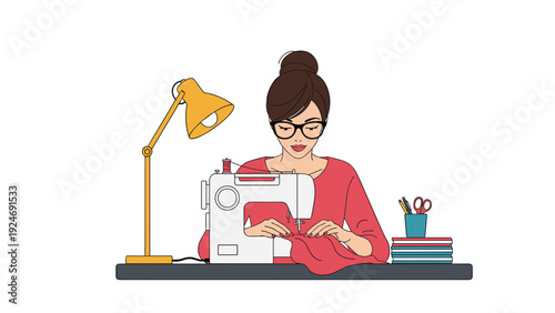 Focused woman in a pink top working on a white sewing machine at her organized desk with a bright yellow lamp.