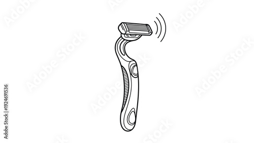 Black and white line art illustration of a modern safety razor with conceptual wireless signal waves for grooming.