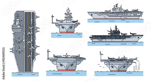 Detailed illustrations of various aircraft carriers from different perspectives, showcasing their design and functionality on the open sea.