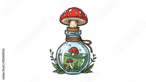 Enchanting illustration of a red mushroom growing inside a magic glass bottle filled with green liquid and bubbles.