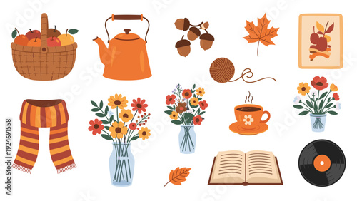 Cozy autumn collection featuring a basket of apples, teapot, flowers, coffee, book, record, and fall leaves set.