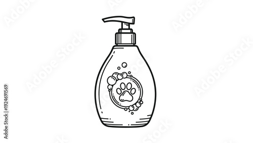 Black and white line art of a pet grooming bottle with a pump dispenser and a cute paw print logo on the product label.