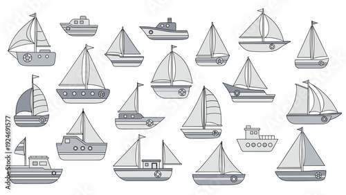 Comprehensive set of different sailboat and ship illustrations in shades of gray for maritime and nautical themes.