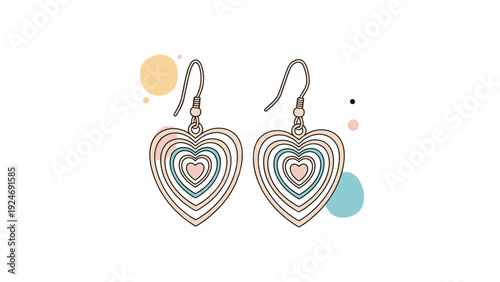 Elegant pair of heart shaped dangle earrings with multi layered designs and soft pastel circular accents for jewelry lovers.