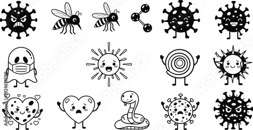 )Cute virus and pest vector character set featuring cartoon bacteria, angry germ, happy microbe, mosquito, snake, heart emoji, and sun icons with faces.