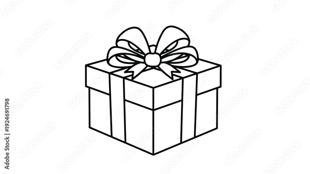 Fototapeta premium line art illustration of a gift box with a large ribbon bow, suitable for coloring pages and minimalist design work.