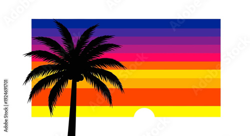 Retro Sunset Palm Tree Silhouette, Vibrant Gradient Sky, Tropical Beach Vibe