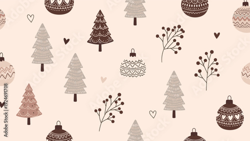 Festive seamless pattern with stylized christmas trees, ornaments, berries, and hearts in muted brown and beige tones.