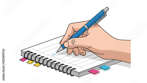 Close up of a person's hand writing with a blue pen in a spiral notebook with colorful sticky tabs on the pages.