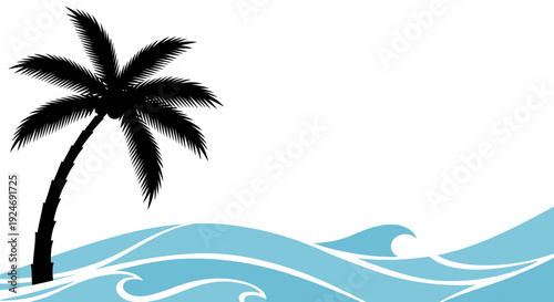 Silhouette of a palm tree on a tropical beach with blue ocean waves