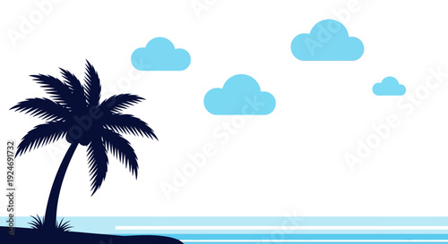 Silhouette of a palm tree on a tropical island beach with blue sky and clouds