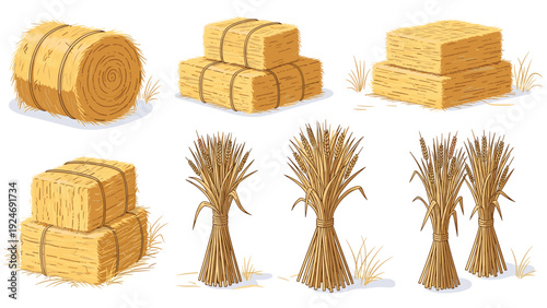 Set of farm harvest elements featuring round and rectangular hay bales and bundles of dried wheat stalks on a white background.