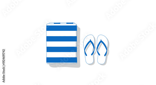 Striped Beach Towel and Flip Flops Isolated on White Background