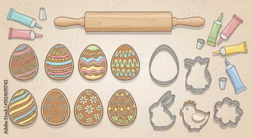 Easter baking decorations with eggs cookie cutters and icing tubes on a beige background